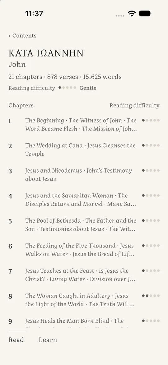 The Gospel of John's chapter list with section headings and a reading difficulty rating for each chapter